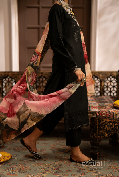 (Black) 3 Pc Cotton Embroidered Suit - Casuallite