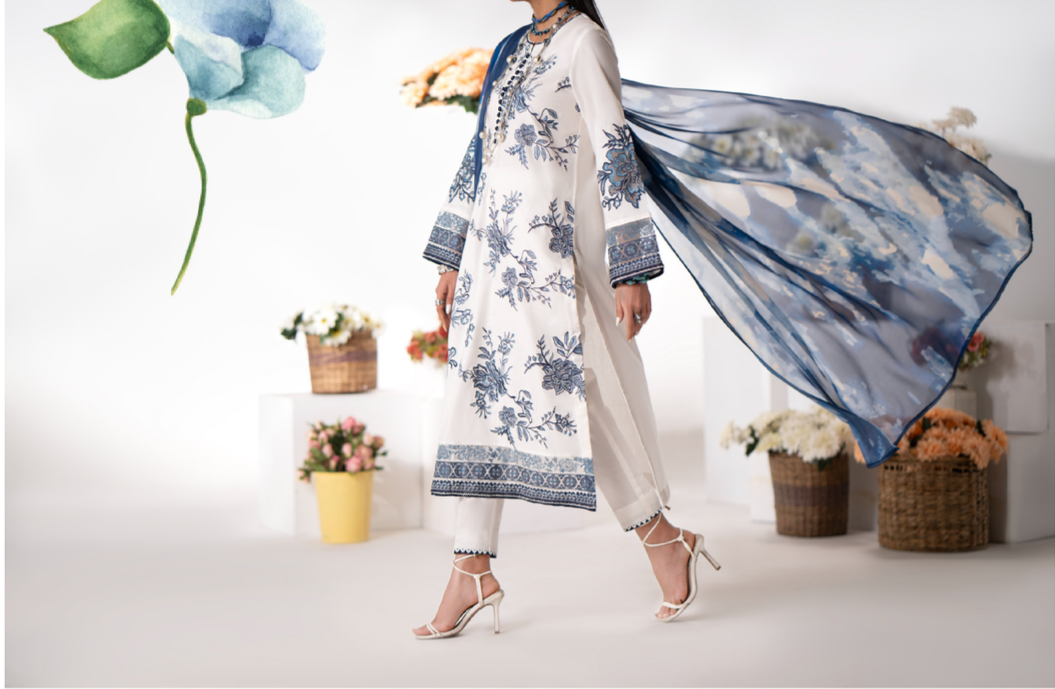 (White) 3 Pc Summer Pret Vol 5 Embroidered dress - Casuallite