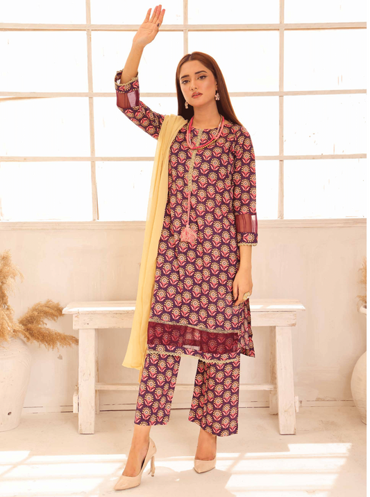 (Brown) Printed Lawn 3 Pc Dress By Simrans