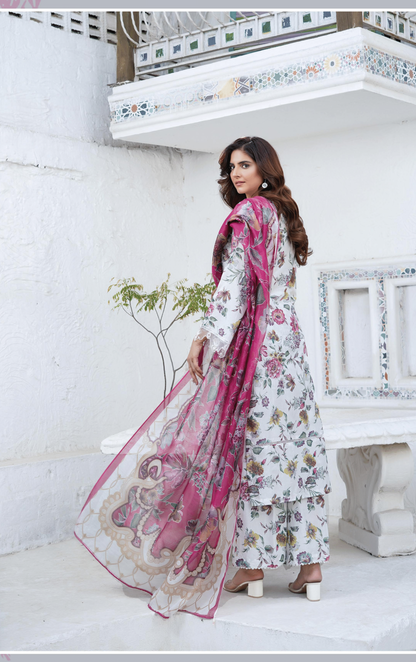 Off White Chikenkari Printed Lawn 3 Pc Dress |SIMRANS