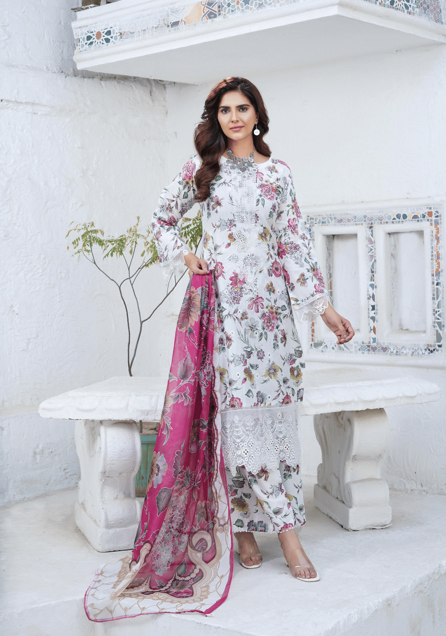Off White Chikenkari Printed Lawn 3 Pc Dress |SIMRANS