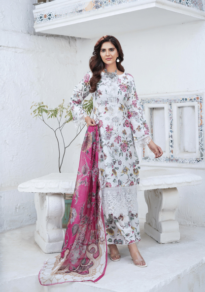 Off White Chikenkari Printed Lawn 3 Pc Dress |SIMRANS