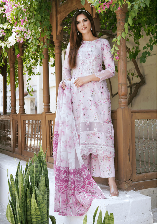 Pink Chikenkari Printed Lawn 3 Pc Dress |SIMRANS