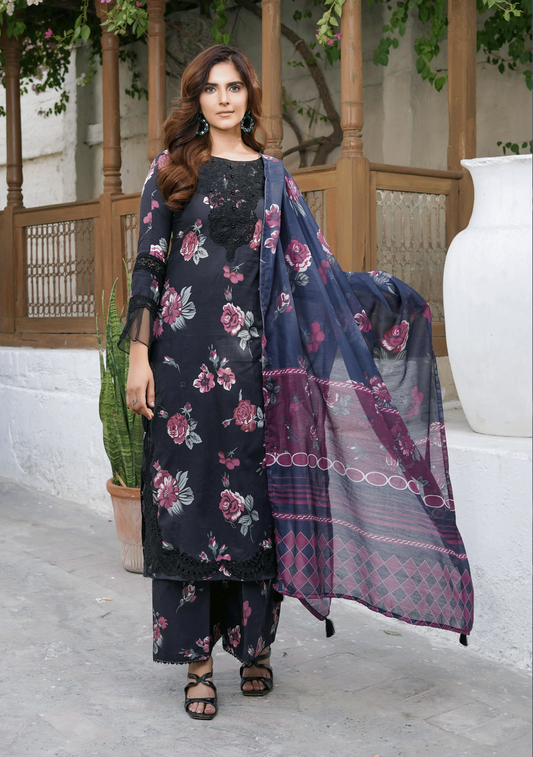 Black Chikenkari Printed Lawn 3 Pc Dress |SIMRANS
