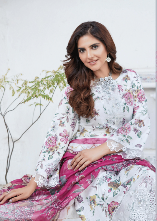 Off White Chikenkari Printed Lawn 3 Pc Dress |SIMRANS