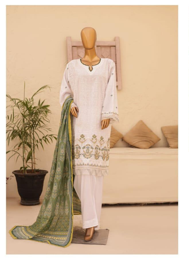 (White with Green) Chikenkari Lawn 3 Pc-Naubahar
