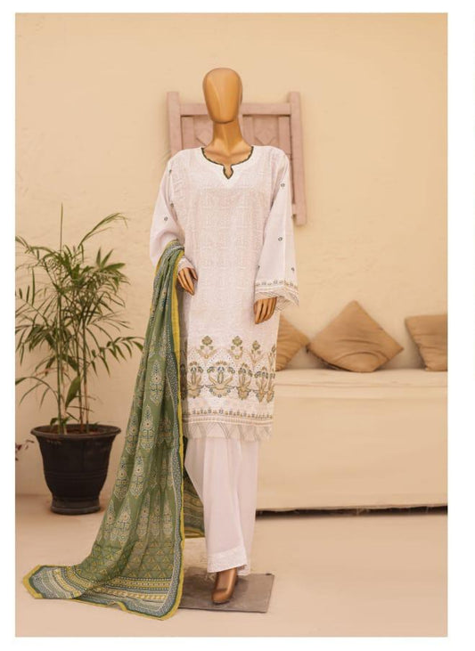 (White with Green) Chikenkari Lawn 3 Pc-Naubahar