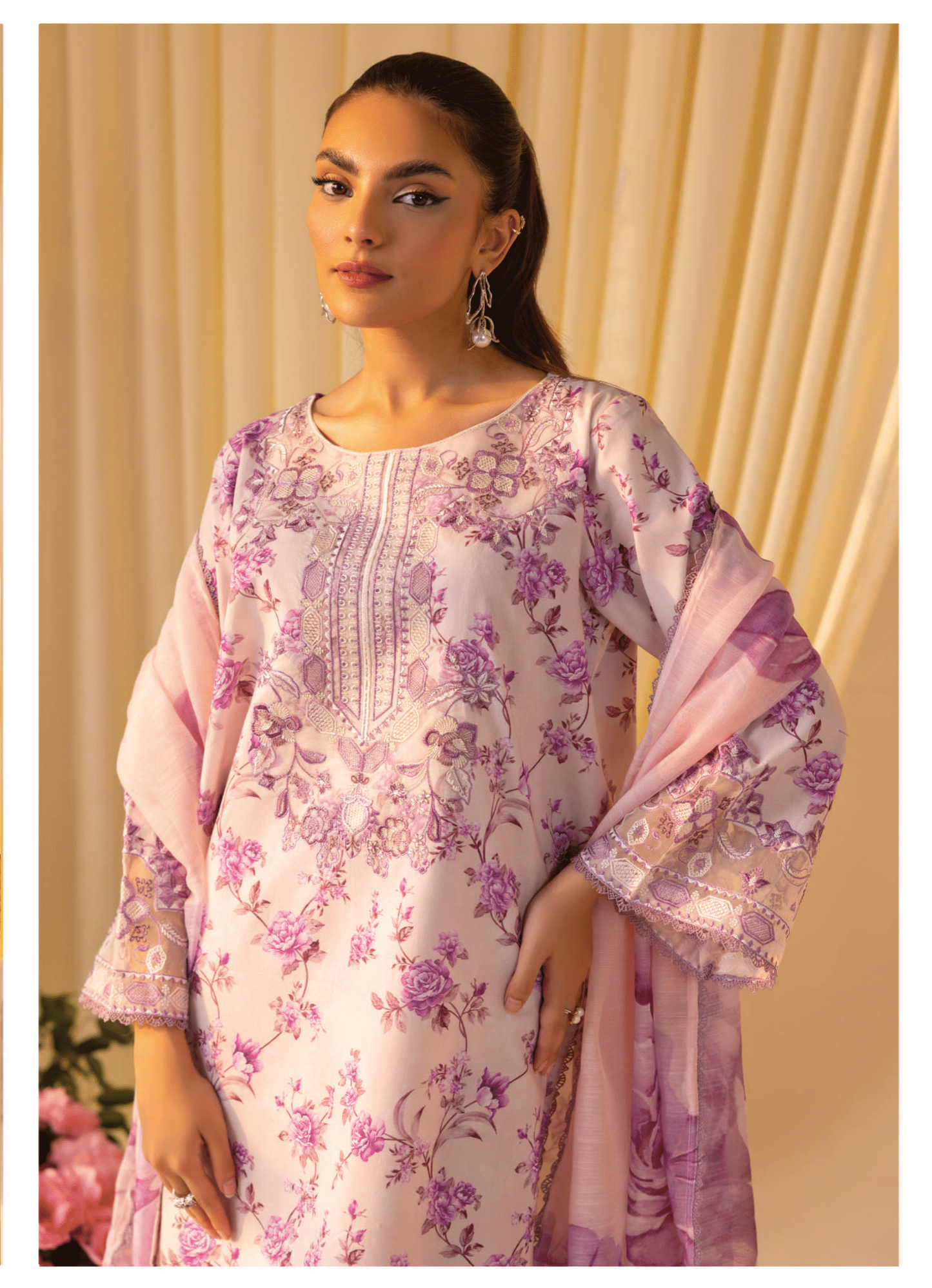 Petal Pink 3 Pc Printed embroidered lawn dress - Muskin