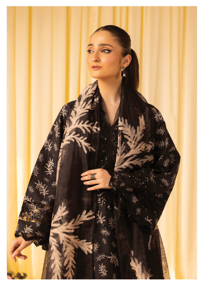 Black 3 Pc Printed embroidered lawn dress - Muskin