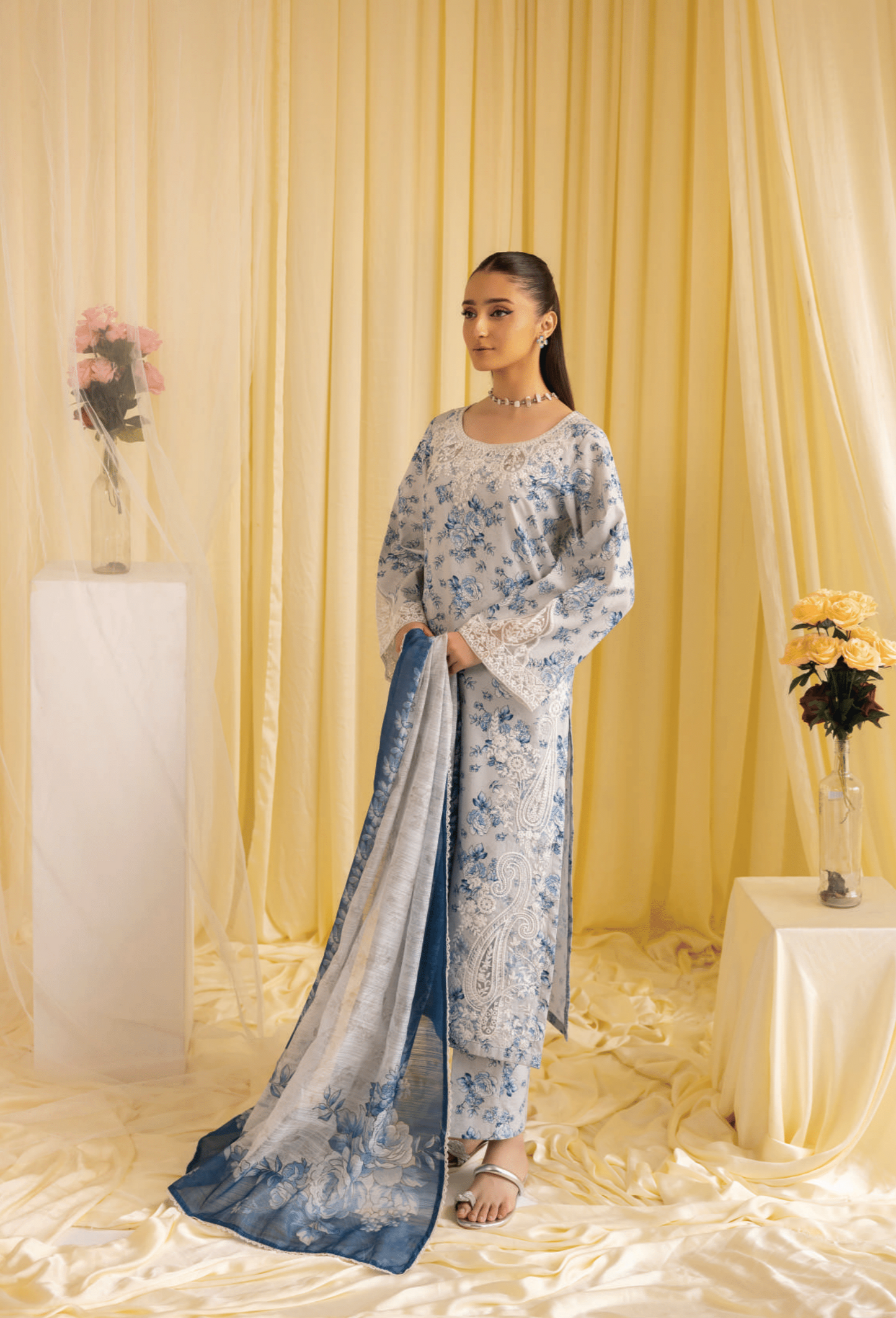 3 Pc Printed embroidered lawn dress - Muskin
