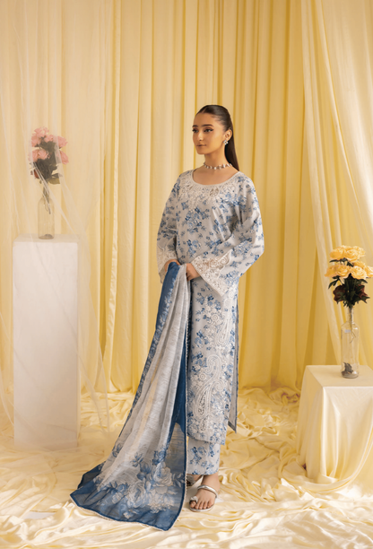 3 Pc Printed embroidered lawn dress - Muskin
