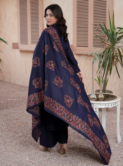 (Navy Blue) 3 Pc Dhanak Dress with Embroidered Wool Shawl Dupatta | Winter Wear | RANIYA.H