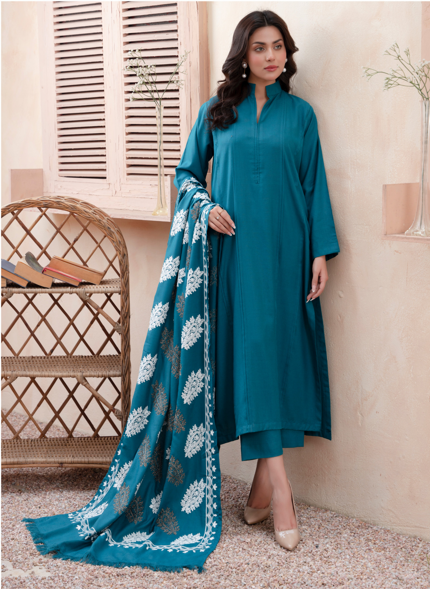 (Deep Aqua Blue) 3 Pc Dhanak Dress with Embroidered Wool Shawl Dupatta | Winter Wear | RANIYA.H