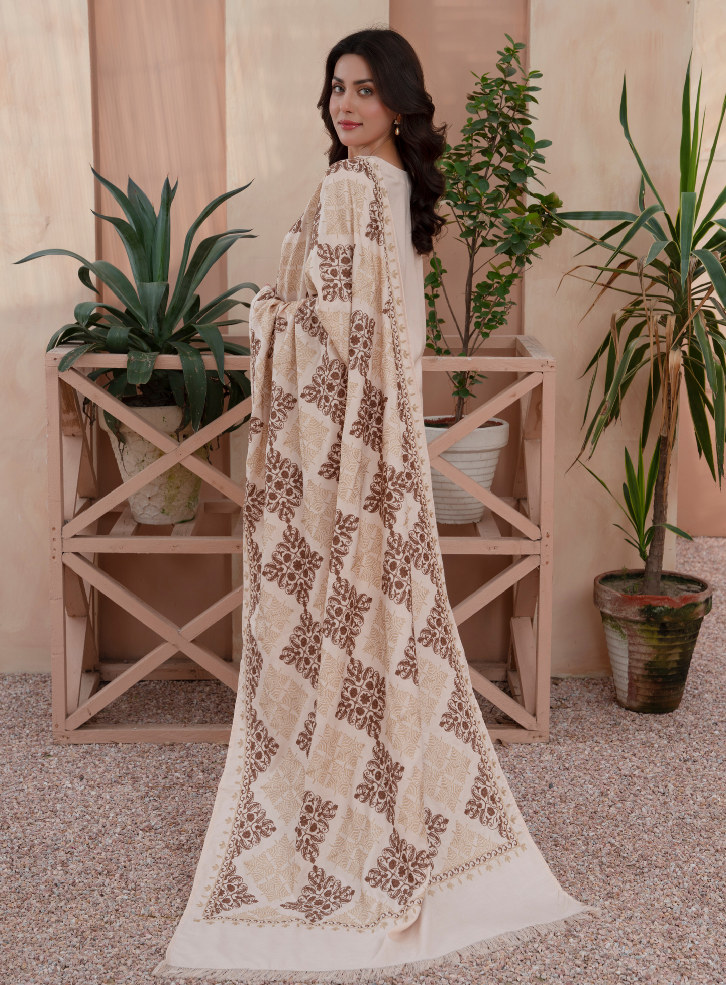 (Cream) 3 Pc Dhanak Dress with Embroidered Wool Shawl Dupatta | Winter Wear | RANIYA.H