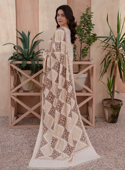 (Cream) 3 Pc Dhanak Dress with Embroidered Wool Shawl Dupatta | Winter Wear | RANIYA.H