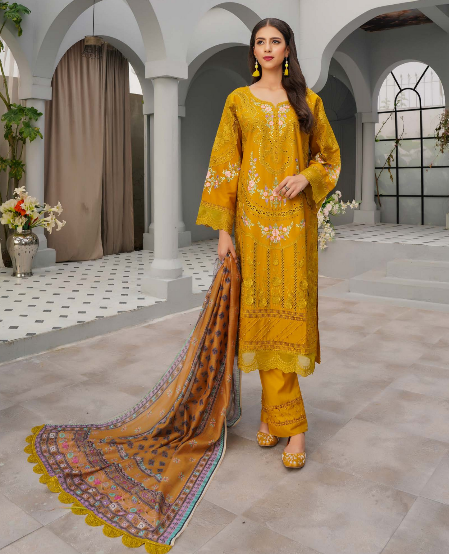 (Mustard) Heavy Embroidered Cotton Linen Ready to Wear Dress - MUNIRA