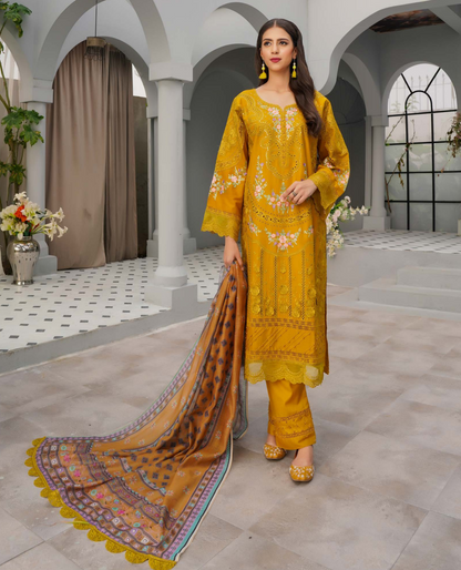 (Mustard) Heavy Embroidered Cotton Linen Ready to Wear Dress - MUNIRA