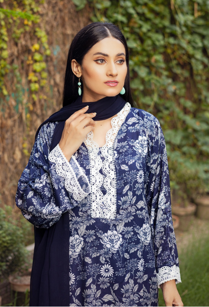 Blue & White | Printed Linen Shirt & Trouser With Chiffon Dupatta| Ready to Wear 3 Pc dress - Rangz