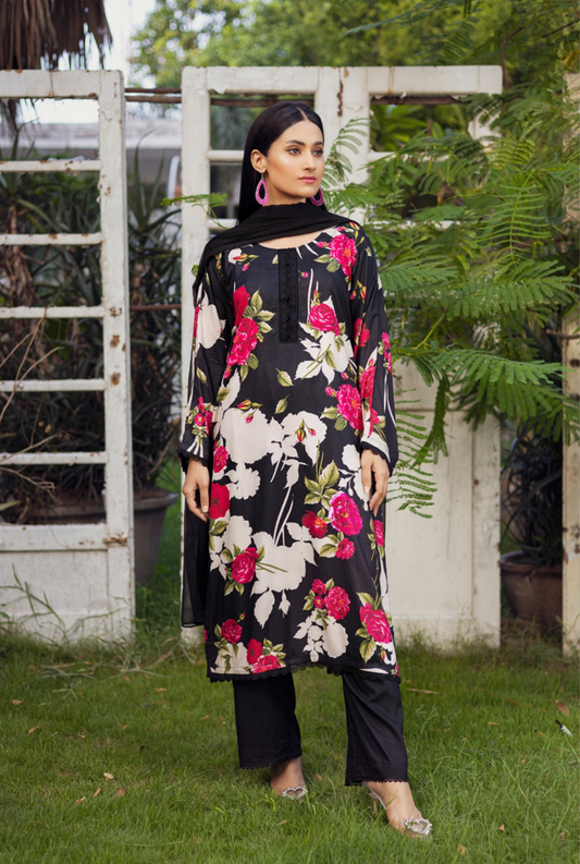 Black | Printed Linen Shirt & Trouser With Chiffon Dupatta| Ready to Wear 3 Pc dress - Rangz
