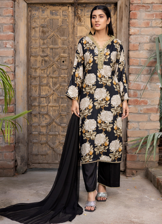 Black | Printed Linen Shirt & Trouser With Chiffon Dupatta| Ready to Wear 3 Pc dress - Rangz