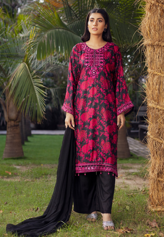 Black & Pink | Printed Linen Shirt & Trouser  With Chiffon Dupatta| Ready to Wear 3 Pc dress - Rangz