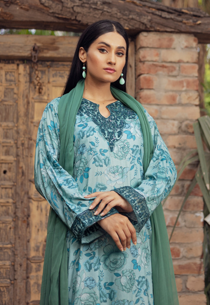 Pale Sea Green | Printed Linen Shirt & Trouser With Chiffon Dupatta| Ready to Wear 3 Pc dress - Rangz