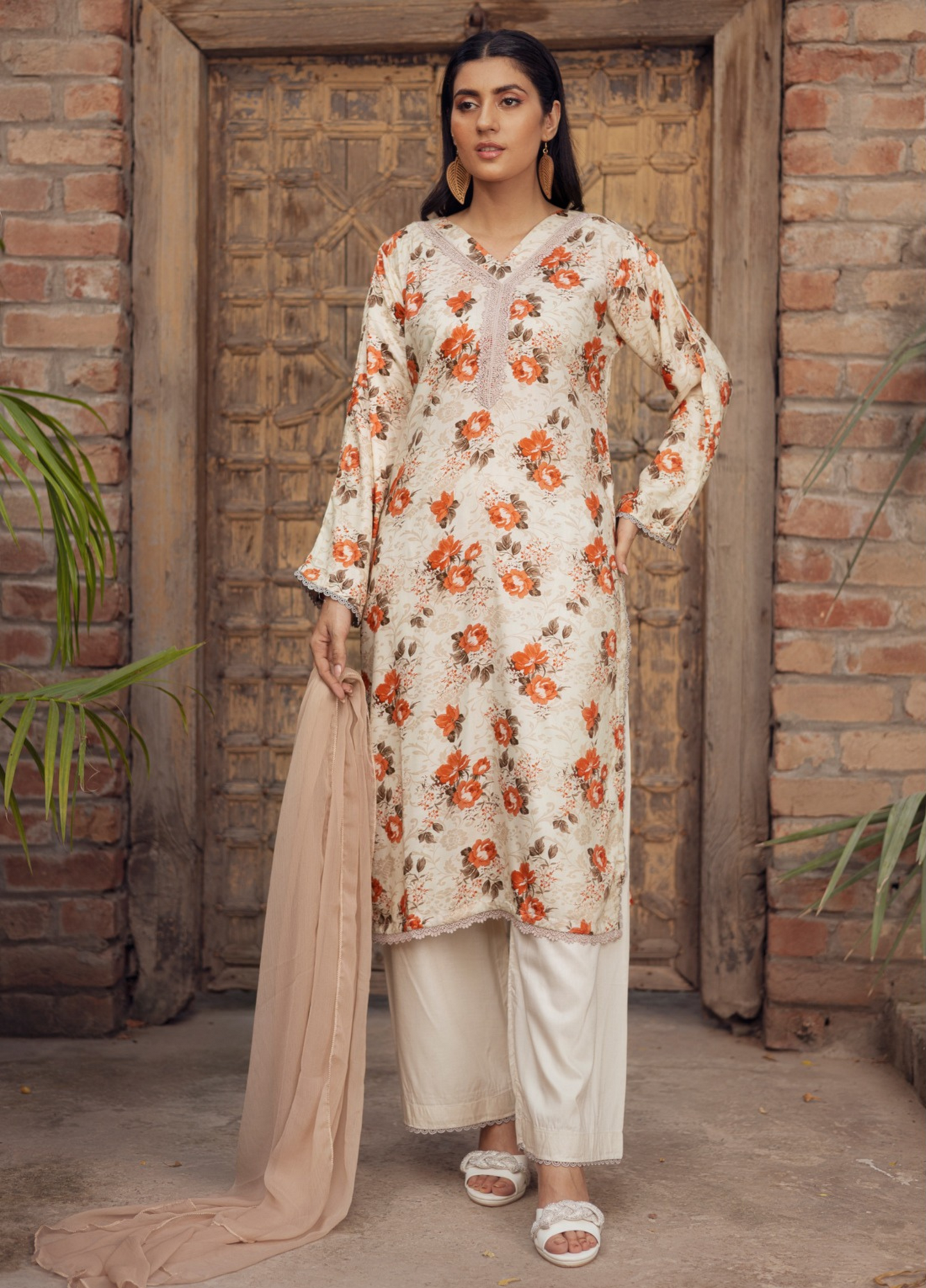 Soft Amber | Printed Linen Shirt & Trouser  With Chiffon Dupatta| Ready to Wear 3 Pc dress - Rangz