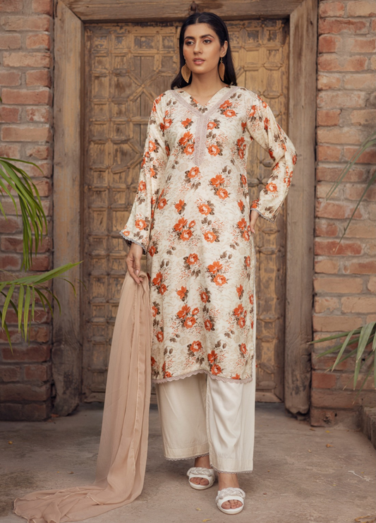 Soft Amber | Printed Linen Shirt & Trouser  With Chiffon Dupatta| Ready to Wear 3 Pc dress - Rangz