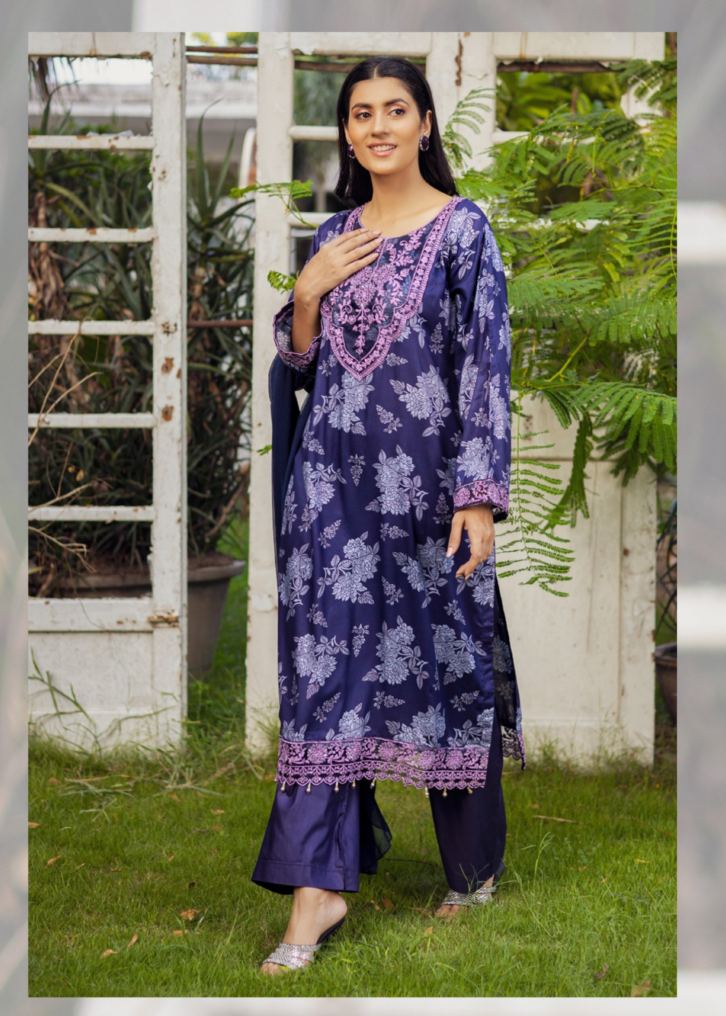 Purple | Printed Linen Shirt & Trouser With Chiffon Dupatta| Ready to Wear 3 Pc dress - Rangz