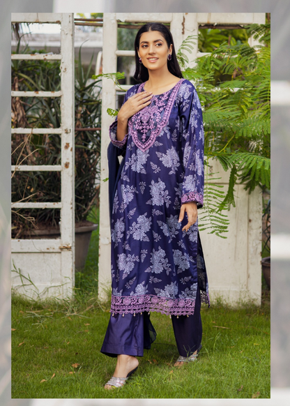 Purple | Printed Linen Shirt & Trouser With Chiffon Dupatta| Ready to Wear 3 Pc dress - Rangz