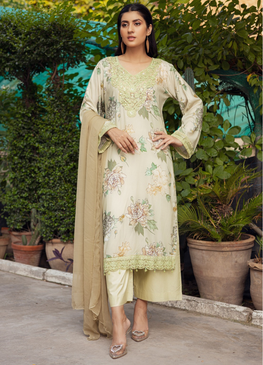 Multi floral | Printed Linen Shirt & Trouser With Chiffon Dupatta| Ready to Wear 3 Pc dress - Rangz