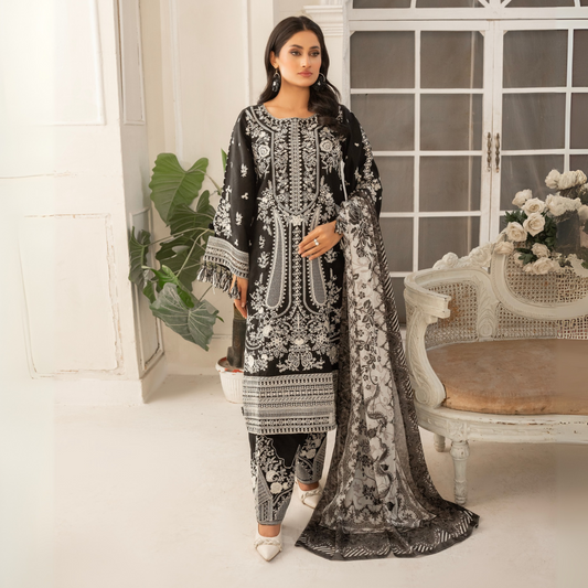 UA-51 (Black) Embroidered Viscose Linen 3 Pc Pakistani Dress | Ready to wear | UMNAA