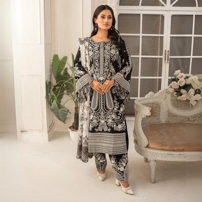 UA-51 (Black) Embroidered Viscose Linen 3 Pc Pakistani Dress | Ready to wear | UMNAA