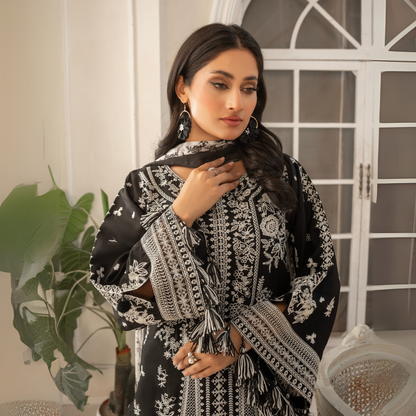 UA-51 (Black) Embroidered Viscose Linen 3 Pc Pakistani Dress | Ready to wear | UMNAA