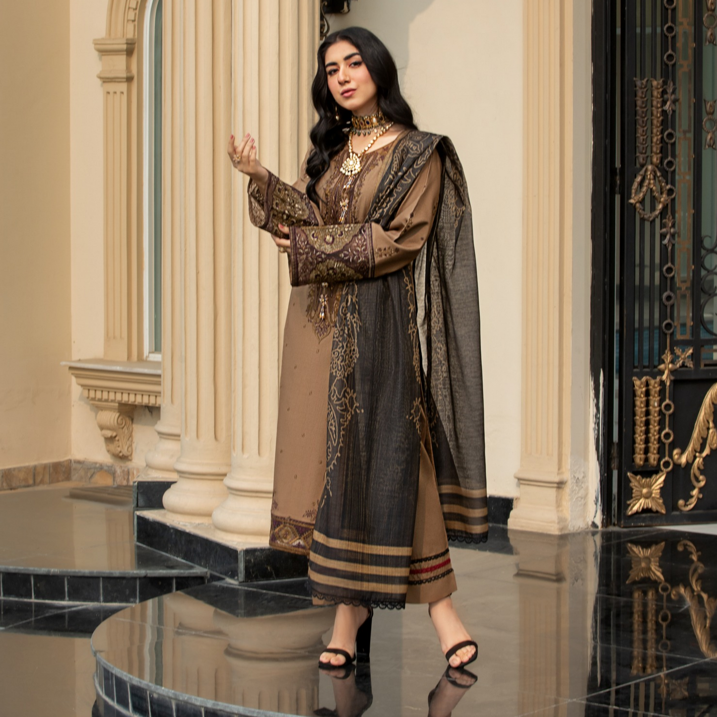 (Coffee Brown) 3 Pc Embroidered Cambric Cotton Ready to Wear Dress | Eid Wear | Heera's