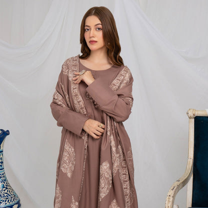 (dark chestnut ) 3 Pc Dhanak Shirt & trouser with Dhanak Shawl | Winter Collection | SIMRANS