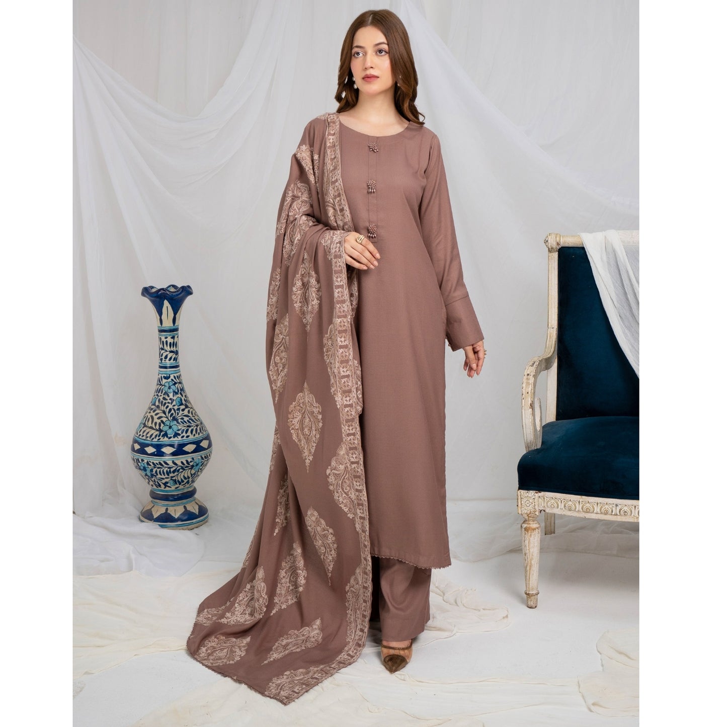 (dark chestnut ) 3 Pc Dhanak Shirt & trouser with Dhanak Shawl | Winter Collection | SIMRANS
