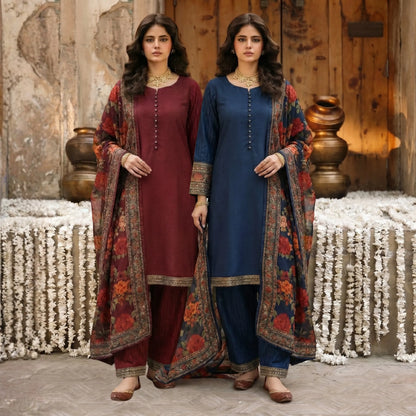 UA-207 Embroidered Viscose Farshi Shalwar with Printed Chiffon Dupatta by Umnaa | Ready to Wear Pakistani Asian clothes
