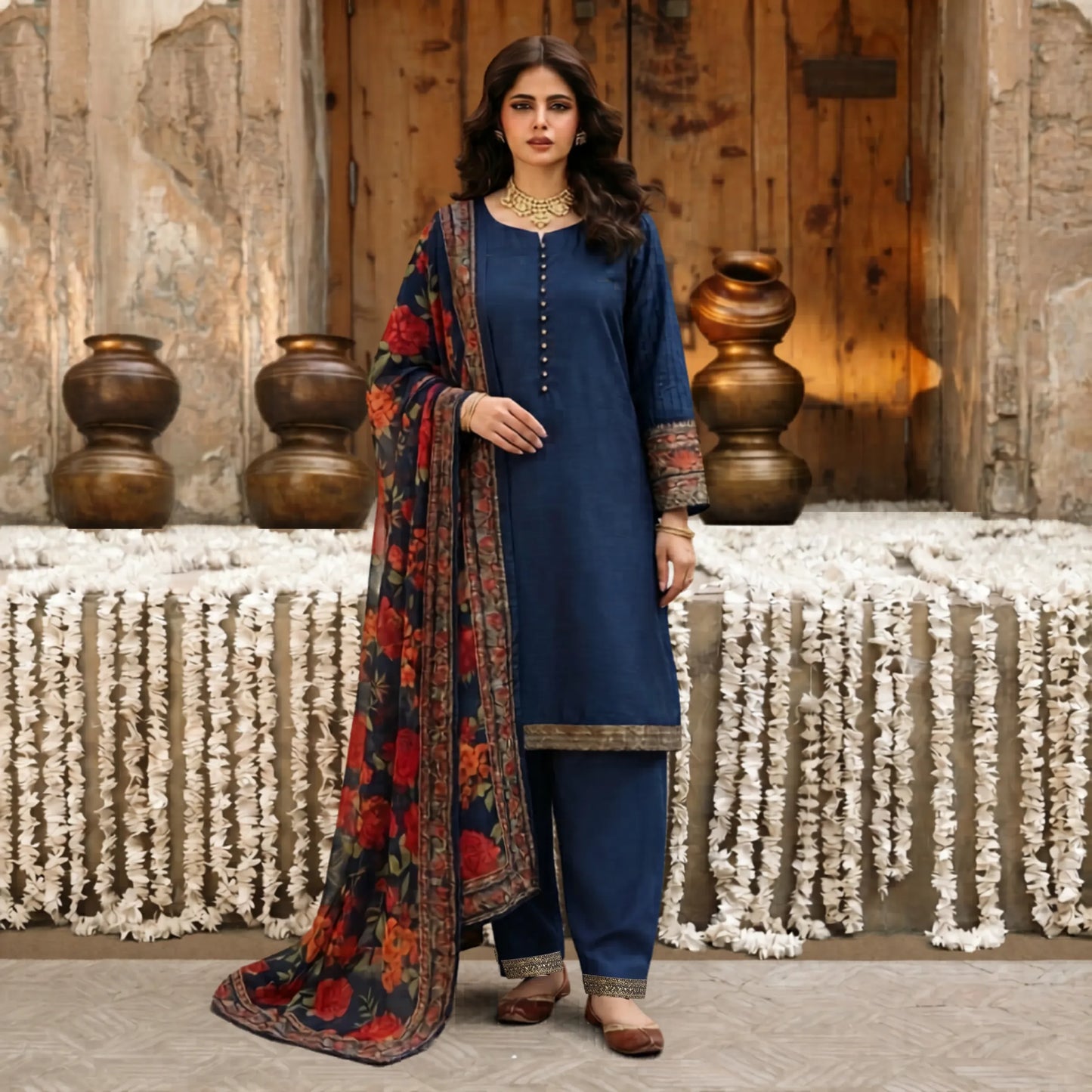 UA-207 Embroidered Viscose Farshi Shalwar with Printed Chiffon Dupatta by Umnaa | Ready to Wear Pakistani Asian clothes