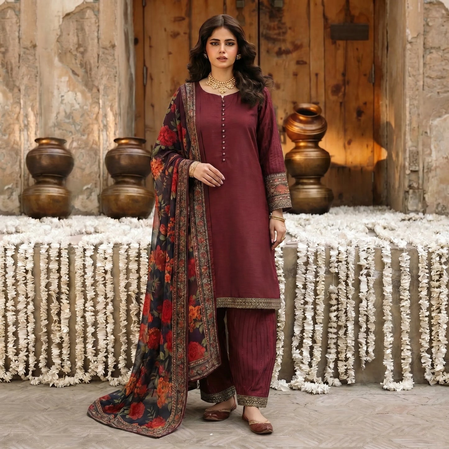 UA-207 Embroidered Viscose Farshi Shalwar with Printed Chiffon Dupatta by Umnaa | Ready to Wear Pakistani Asian clothes