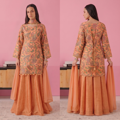 UA-244 Trendy Indian Armani Silk 3 Piece Suit by Umnaa | Embroidered Kameez with Shamoos Silk Bengali Shararah & Chiffon Dupatta | Festive & Party Wear