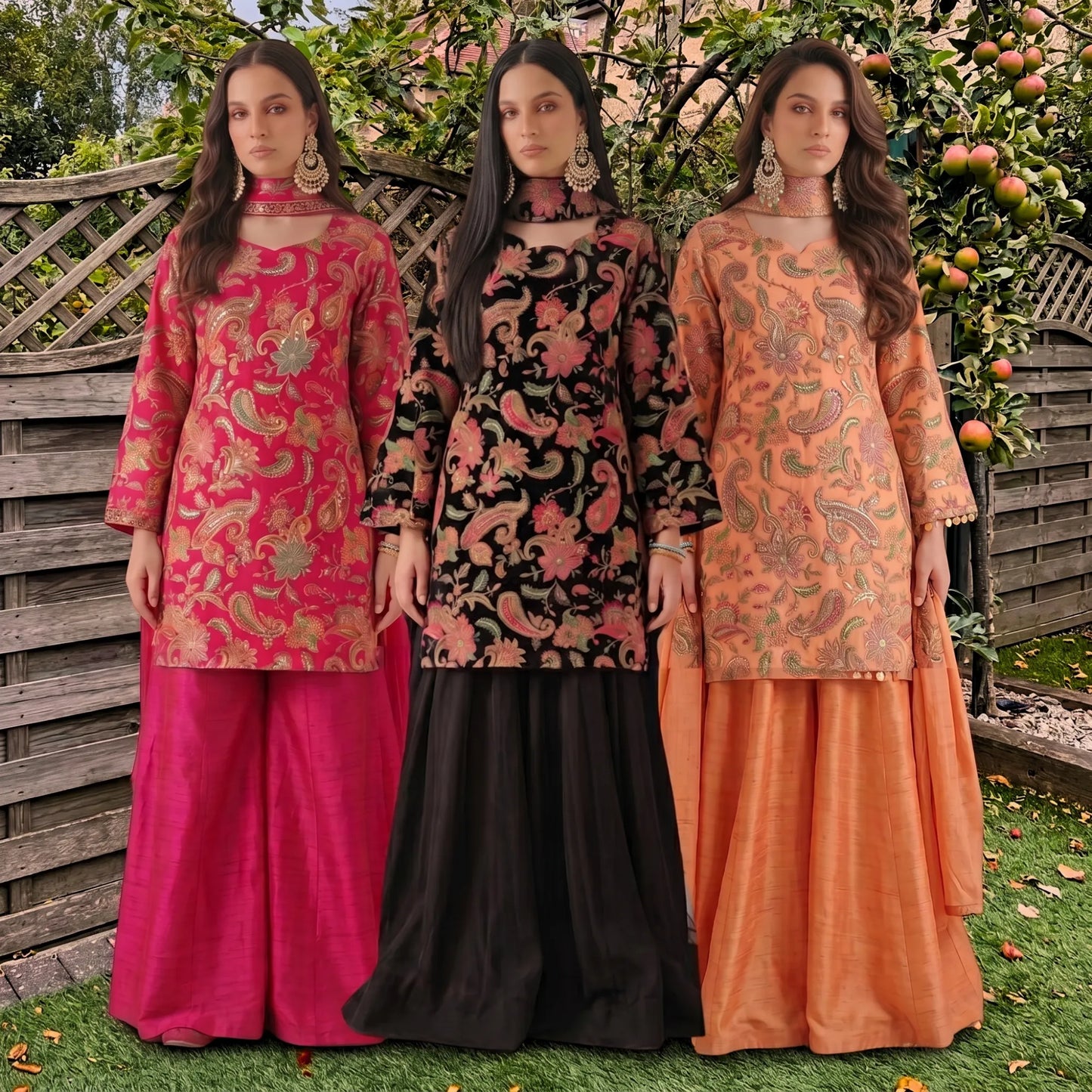 UA-244 Trendy Indian Armani Silk 3 Piece Suit by Umnaa | Embroidered Kameez with Shamoos Silk Bengali Shararah & Chiffon Dupatta | Festive & Party Wear