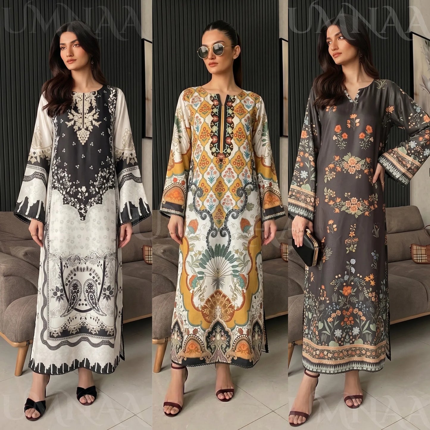 UA-284 Printed Shamooz Silk Printed Kaftan Style dress | Umnaa