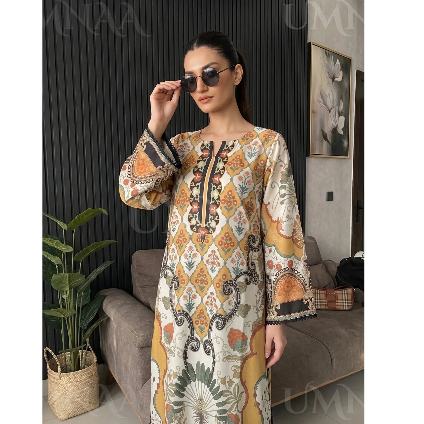 UA-284 Printed Shamooz Silk Printed Kaftan Style dress | Umnaa
