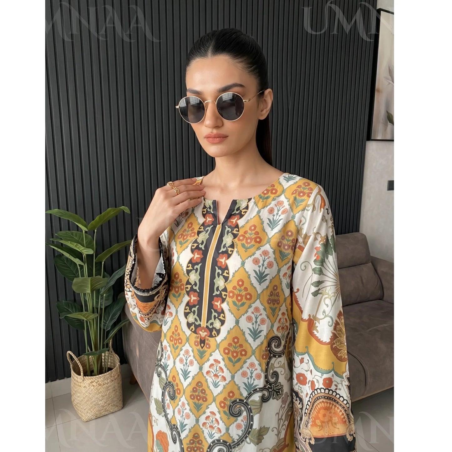 UA-284 Printed Shamooz Silk Printed Kaftan Style dress | Umnaa