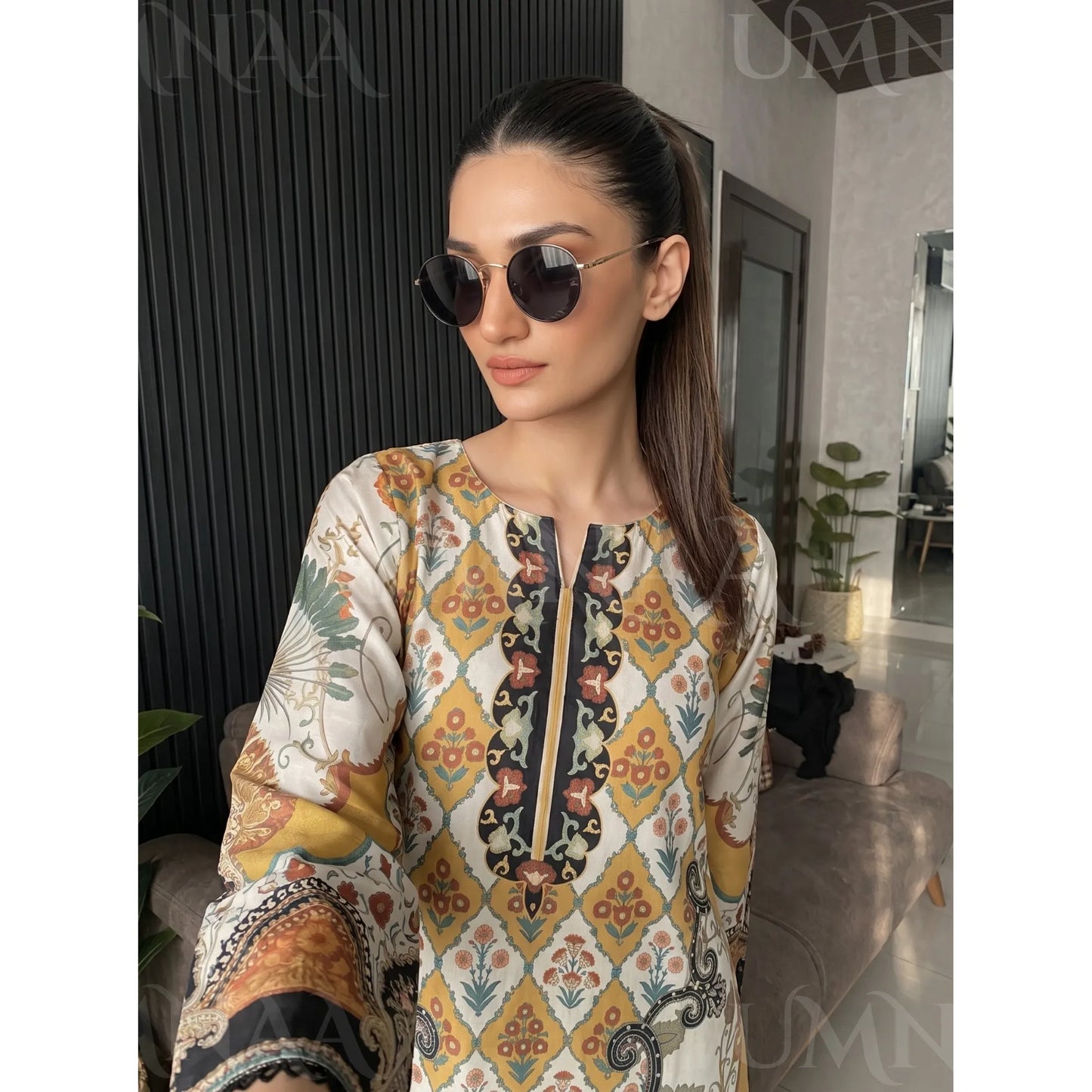 UA-284 Printed Shamooz Silk Printed Kaftan Style dress | Umnaa