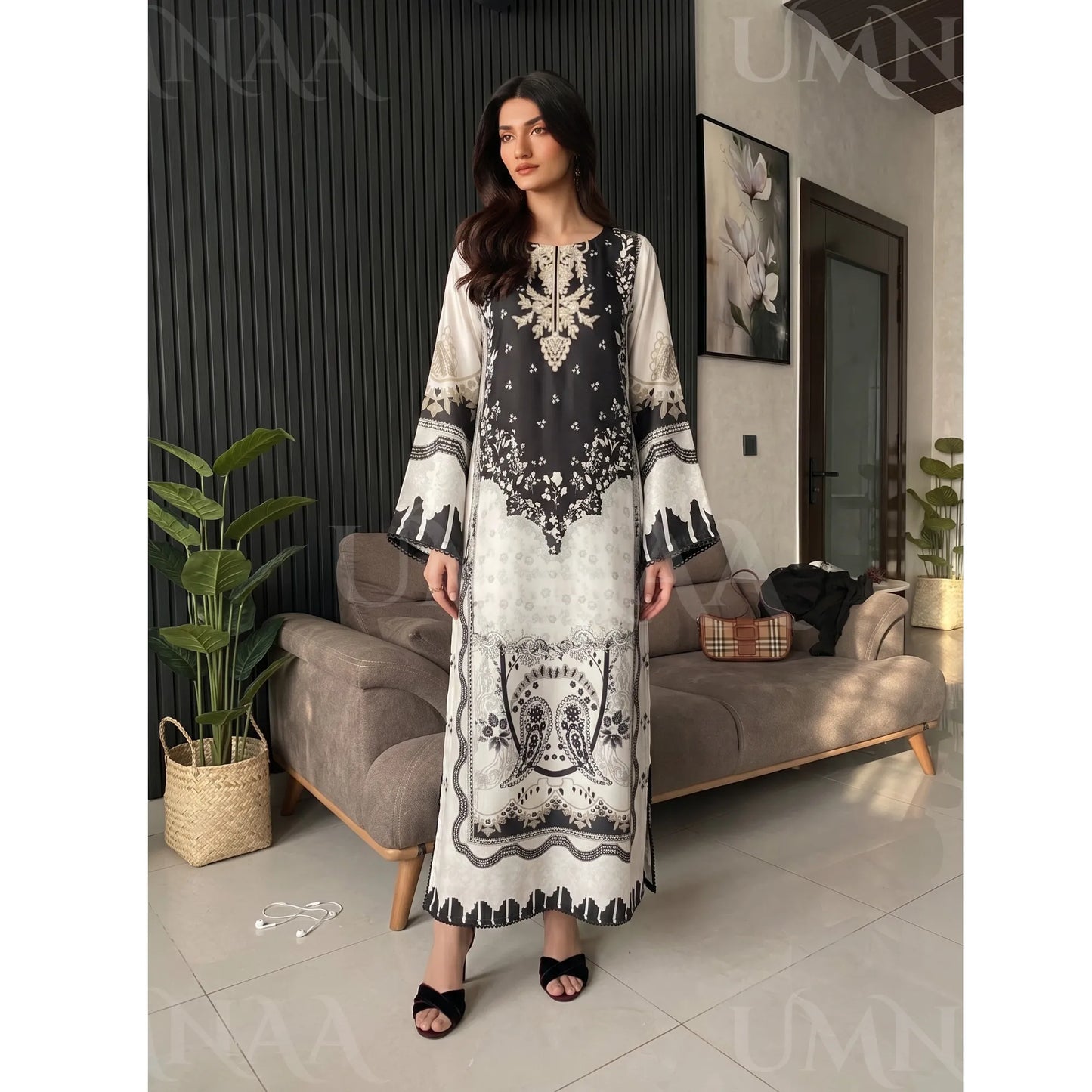 UA-284 Printed Shamooz Silk Printed Kaftan Style dress | Umnaa