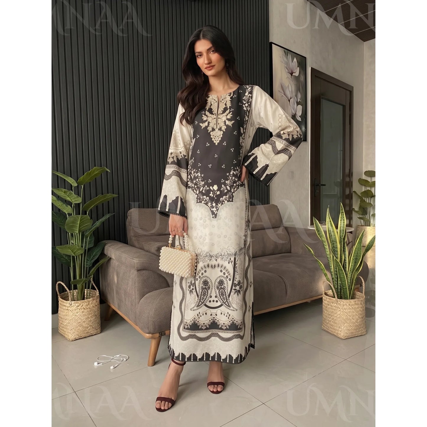 UA-284 Printed Shamooz Silk Printed Kaftan Style dress | Umnaa