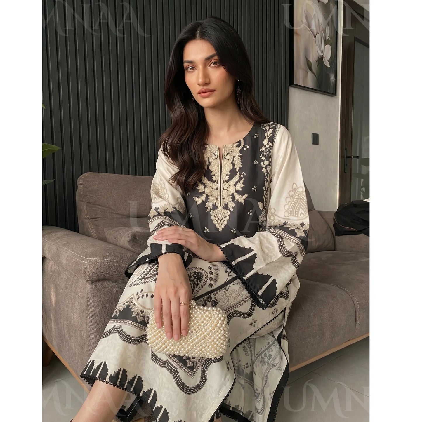UA-284 Printed Shamooz Silk Printed Kaftan Style dress | Umnaa