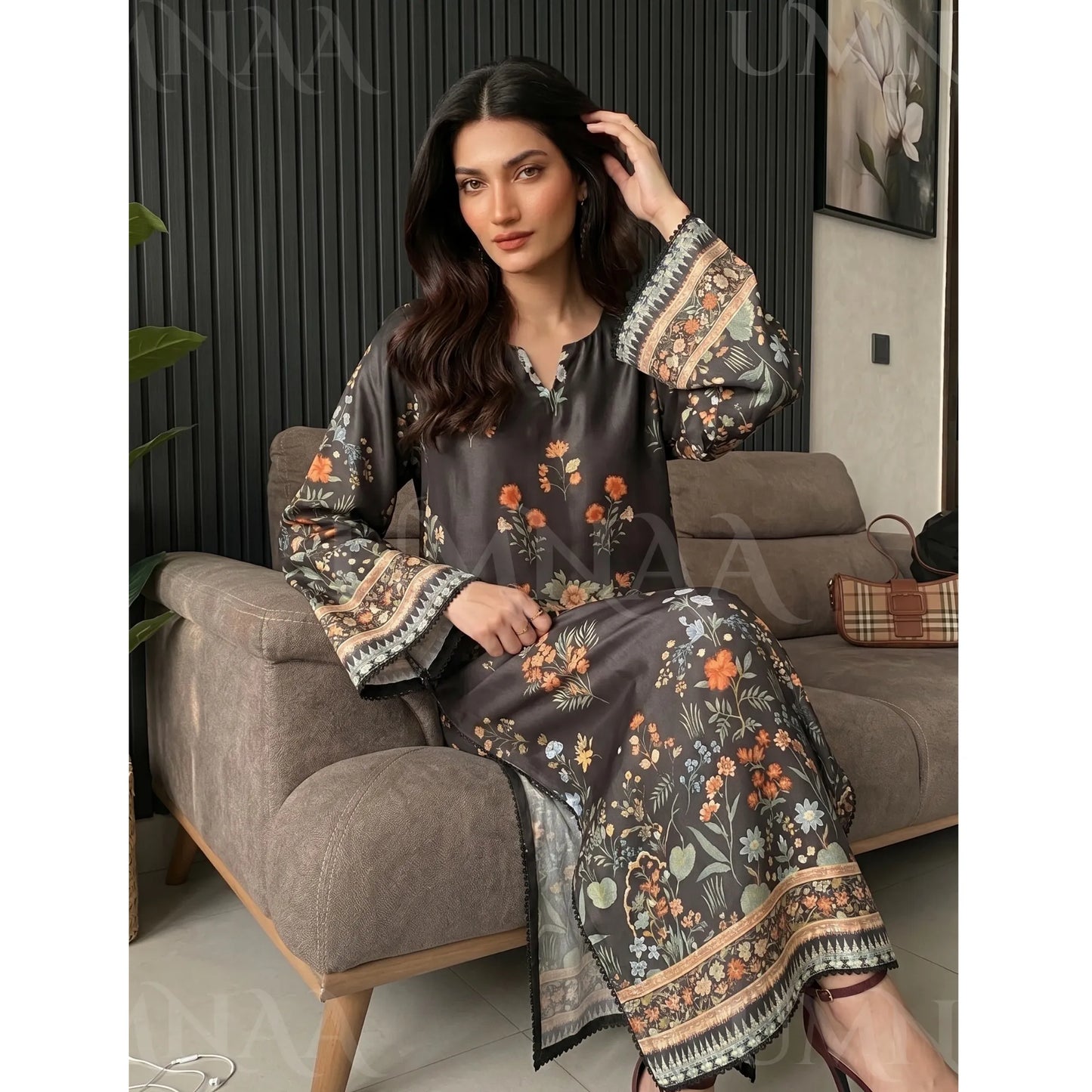UA-284 Printed Shamooz Silk Printed Kaftan Style dress | Umnaa